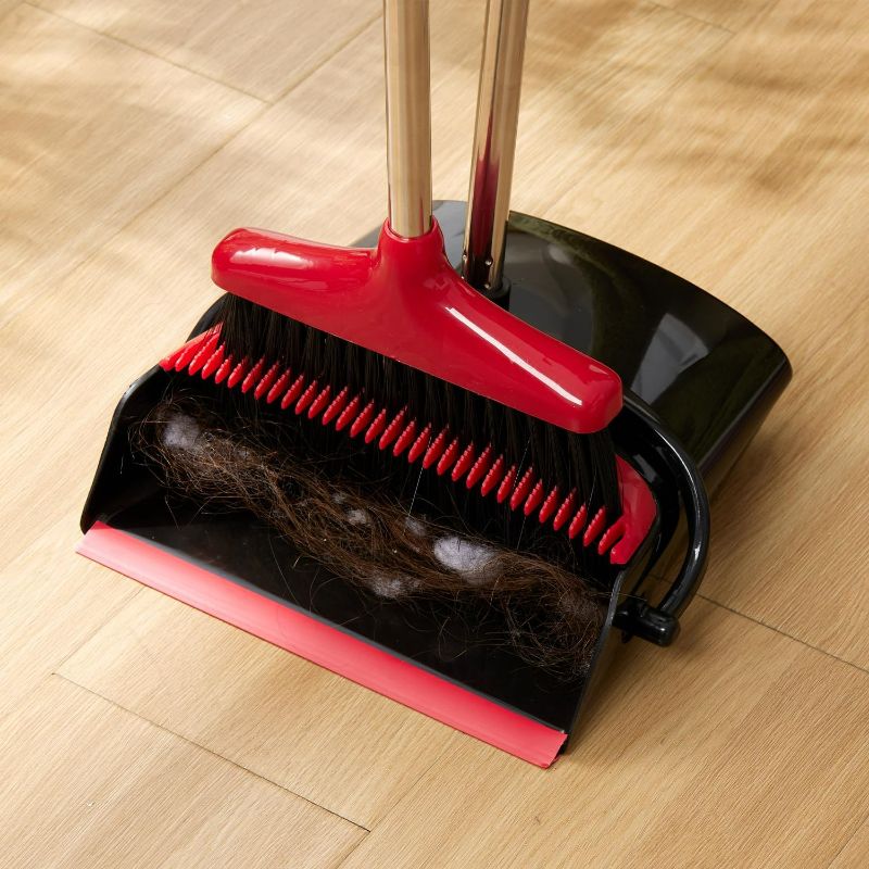 Photo 1 of Broom and Dustpan Set, Lightweight Upright Lobby Broom and Dustpan Combination with Long Handle for Indoor Outdoor Home Kitchen Room Office (Red and Black)