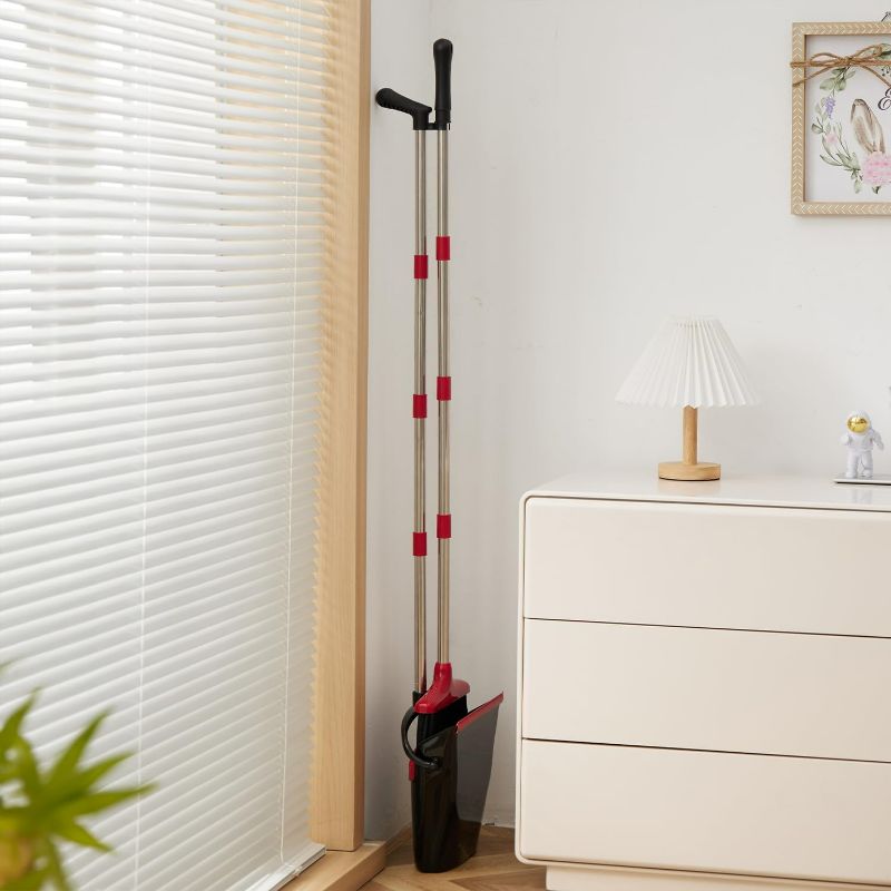 Photo 1 of Broom and Dustpan Set, Lightweight Upright Lobby Broom and Dustpan Combination with Long Handle for Indoor Outdoor Home Kitchen Room Office (Red and Black)