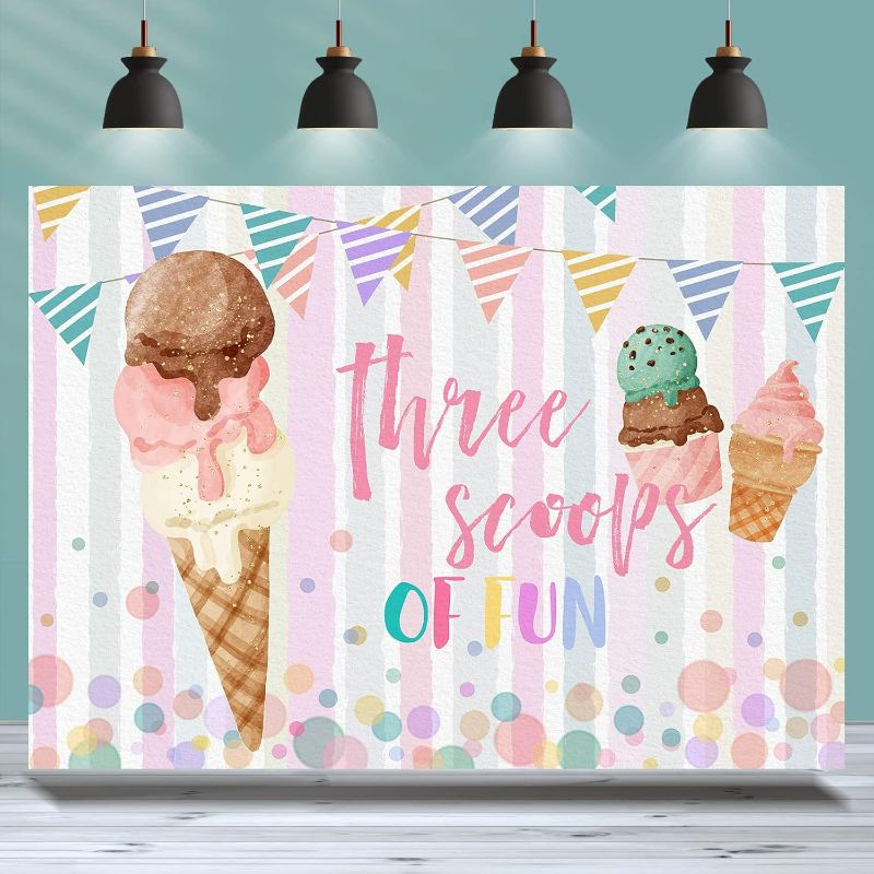 Photo 1 of Ice Cream Birthday Backdrop Three Scoops of Fun Sweet Summer Photography Background 3rd Birthday Girls Birthday Party Banner Decorations Cake Table Banner Photo Booth Studio Props 7x5ft