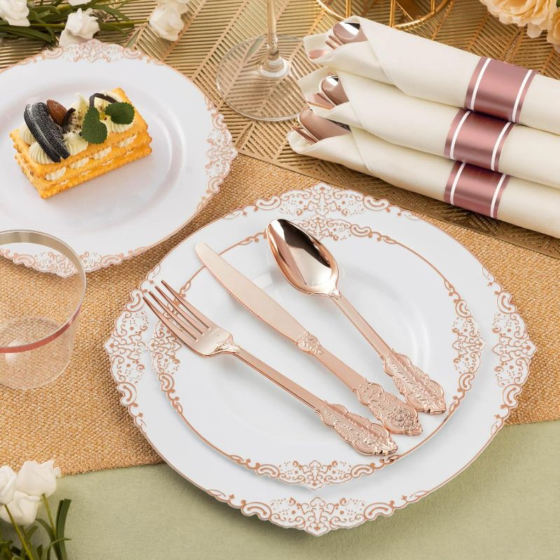 Photo 1 of 75PCS Rose Gold Plastic Silverware for 25 Guests, Heavy Duty Rose Gold Disposable Utensils Sets, Includes 25 Forks, 25 Spoons, 25 Knives, Elegant Cutlery Perfect for Wedding, Party