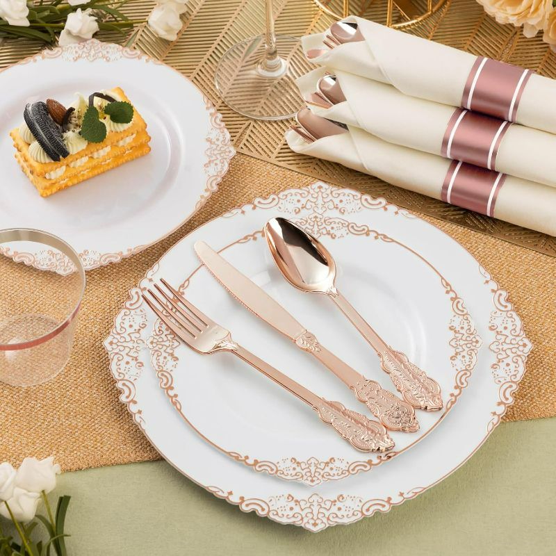 Photo 1 of 75PCS Rose Gold Plastic Silverware for 25 Guests, Heavy Duty Rose Gold Disposable Utensils Sets, Includes 25 Forks, 25 Spoons, 25 Knives, Elegant Cutlery Perfect for Wedding, Party