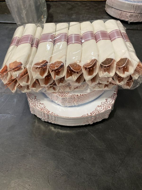 Photo 1 of 75PCS Rose Gold Plastic Silverware for 25 Guests, Heavy Duty Rose Gold Disposable Utensils Sets, Includes 25 Forks, 25 Spoons, 25 Knives, Elegant Cutlery Perfect for Wedding, Party
