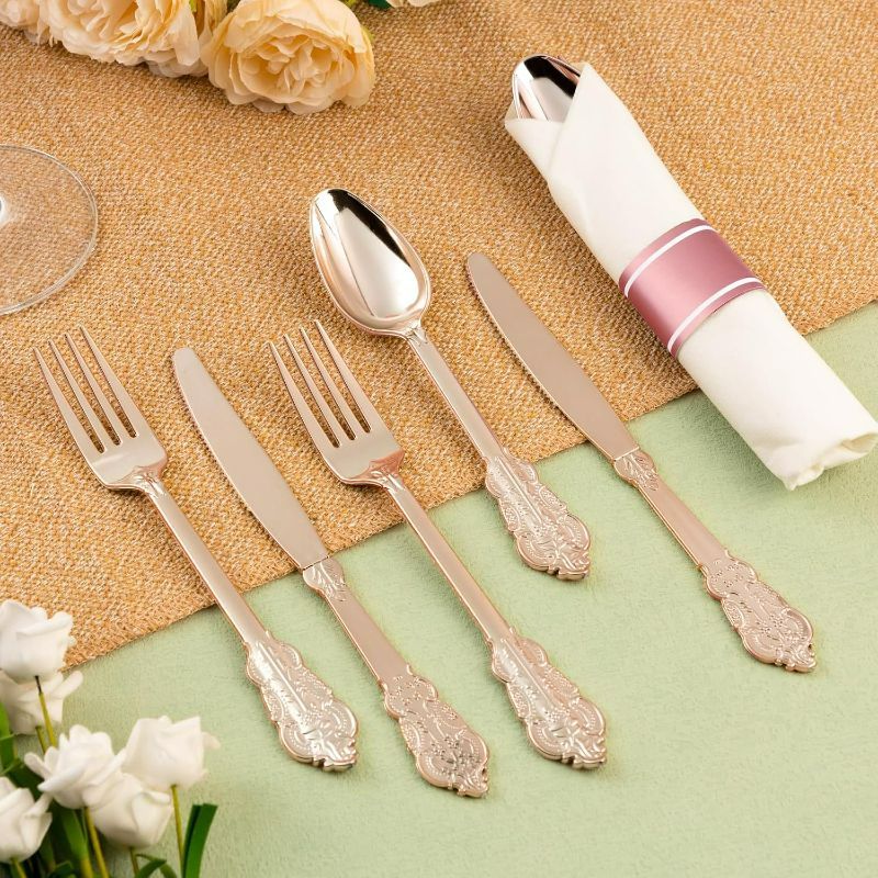 Photo 1 of 75PCS  Rose Gold Plastic Silverware for 25 Guests, Heavy Duty Rose Gold Disposable Utensils Sets, Includes 25 Forks, 25 Spoons, 25 Knives, Elegant Cutlery Perfect for Wedding, Party
