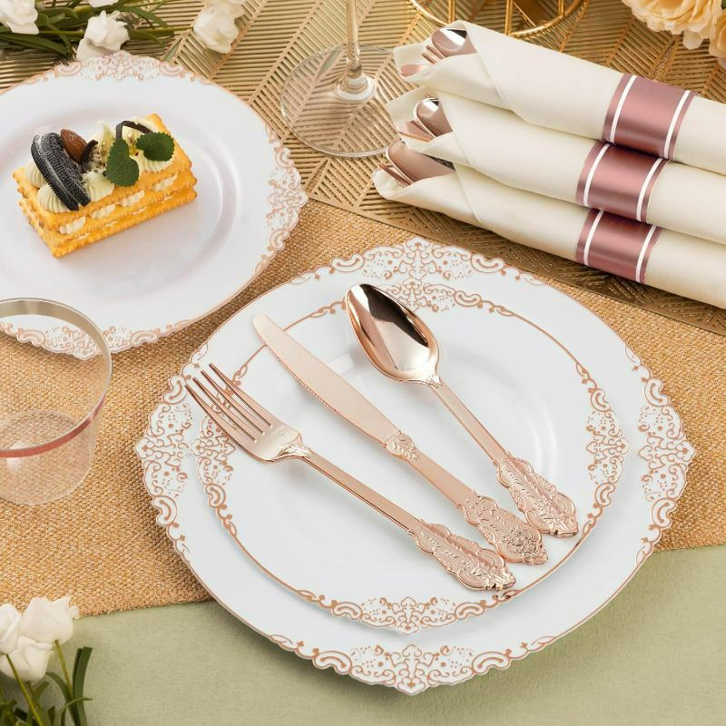 Photo 1 of 75PCS  Rose Gold Plastic Silverware for 25 Guests, Heavy Duty Rose Gold Disposable Utensils Sets, Includes 25 Forks, 25 Spoons, 25 Knives, Elegant Cutlery Perfect for Wedding, Party
