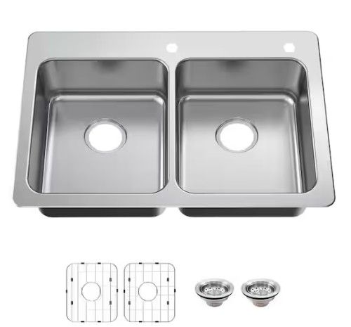 Photo 1 of Bratten 33 in. Drop-In 50/50 Double Bowl 18 Gauge Stainless Steel Kitchen Sink with Accessories