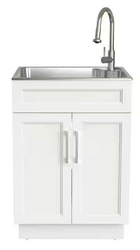 Photo 1 of 24 in. W x 21 in. D x 51 in. H Drop-In Stainless Steel Laundry Sink with Faucet and Cabinet in White