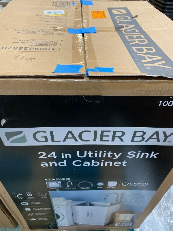 Photo 1 of 24 in. W x 21 in. D x 51 in. H Drop-In Stainless Steel Laundry Sink with Faucet and Cabinet in White