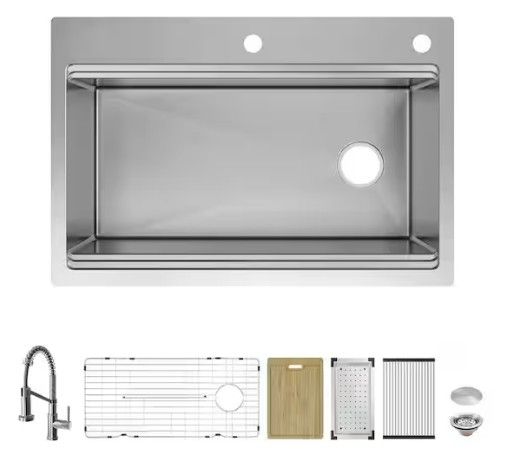 Photo 1 of Dolancourt Tight Radius 33 in. Drop-In Single Bowl 18G Stainless Steel Workstation Kitchen Sink with Spring Neck Faucet