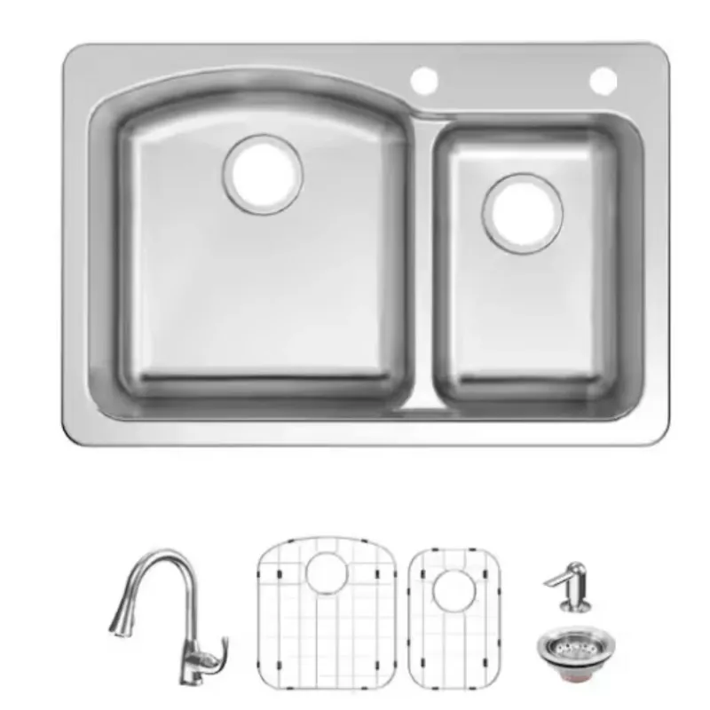 Photo 1 of Bratten 33 in. Drop-In 60/40 Double Bowl 18 Gauge Stainless Steel Kitchen Sink with Pull-Down Faucet