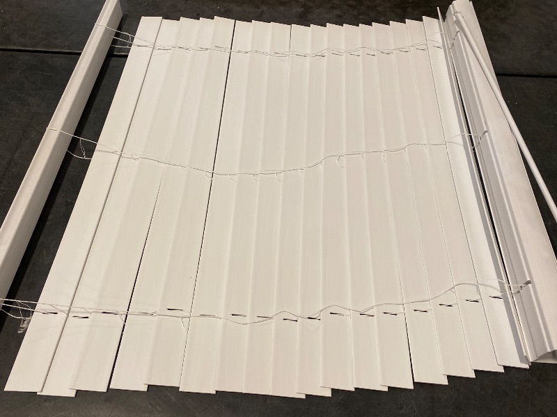 Photo 1 of 30.25 in. W x 48 in. Textured White Cordless Room Darkening Faux Wood Blinds with 2 in. Slats