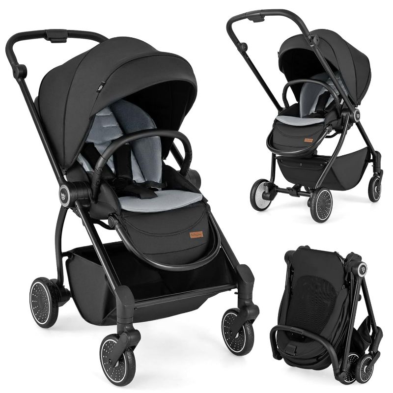 Photo 1 of BABY JOY Baby Stroller, Foldable Toddler Stroller with Reversible Seat, Adjustable Backrest/Canopy/Handle/Footrest, Storage Basket, Suspension Wheels, Aluminum Frame (Black)
