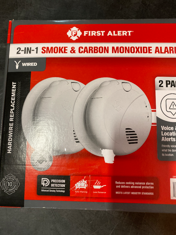 Photo 1 of First Alert Combination Smoke & Carbon Monoxide Alarm, Interconnect Hardwire Detector with Battery Backup and Voice & Location Alerts, SMCO100V-AC, 2-Pack (2-Pack)