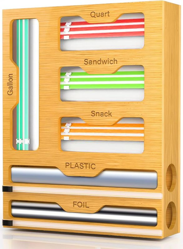 Photo 1 of KOCWELL Bag Organizer and Plastic Wrap Dispenser with Cutter, 6 In 1 Bamboo Foil and Plastic Wrap Organizer for Kitchen Drawer, Food Storage Bag Organizer for Gallon,Quart,Sandwich,Snack(Yellow)