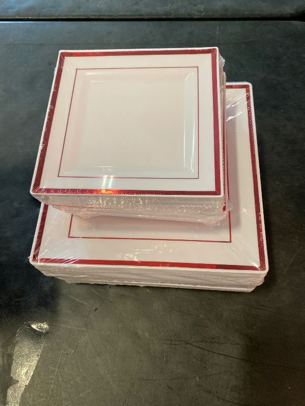 Photo 1 of 150 Pcs Square Plastic Plates Disposable Dinnerware Set 50 Guests 9.5, 6.5 In Heavy Duty Dinner Plates with Rim Square Plastic Plates for Graduation Wedding Party Events (Red Rim)