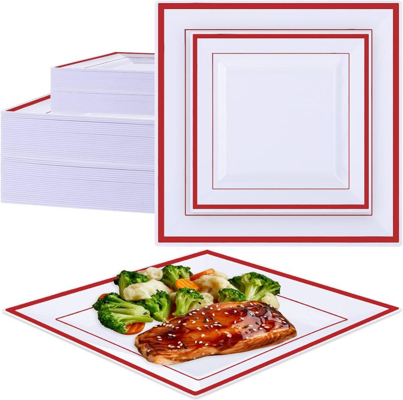Photo 1 of 150 Pcs Square Plastic Plates Disposable Dinnerware Set 50 Guests 9.5, 6.5 In Heavy Duty Dinner Plates with Rim Square Plastic Plates for Graduation Wedding Party Events (Red Rim)