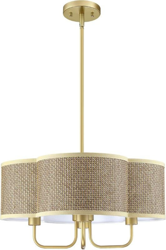 Photo 1 of 4 Light Mid Century Modern Chandelier Light Semi-Flush Mount Fixture Gold Finish, 21" Brown Mack Paper Burlap Linen Drum Fabric for Bedroom Hallway Living Room Bathroom Dining (E26 Base)