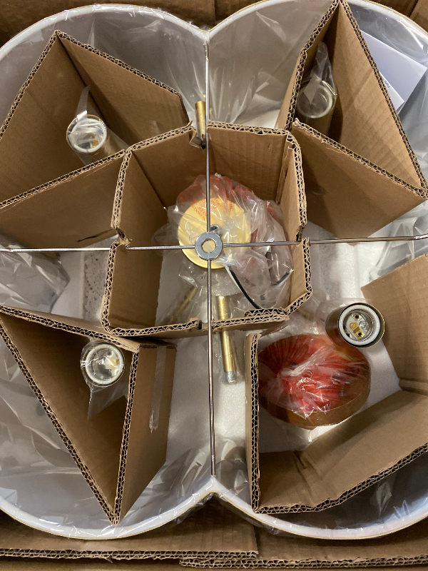 Photo 1 of 4 Light Mid Century Modern Chandelier Light Semi-Flush Mount Fixture Gold Finish, 21" Brown Mack Paper Burlap Linen Drum Fabric for Bedroom Hallway Living Room Bathroom Dining (E26 Base)