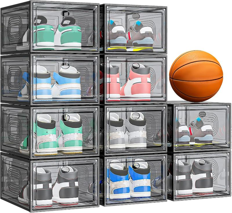 Photo 1 of 10 Pack Thicken Shoe Organizer Stackable,Upgraded Sturdy Shoe Storage Box with Magnetic Door,Shoe Containers For Sneaker Display,Hat Organizer,Black
