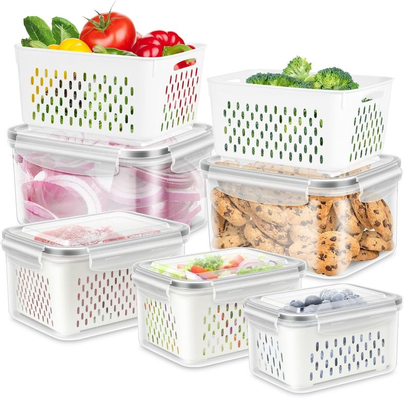 Photo 1 of 5 Pack Fruit Storage Containers for Fridge, Produce Saver Vegetable Container with Drain Colanders - Refrigerator Organizer for Lettuce Keepers Berry Container
