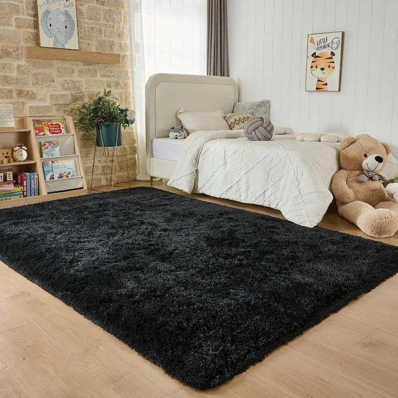 Photo 1 of Black Fluffy Rugs 8x10 for Bedroom - Large Shag Rug for Living Room Nursery Room - Fuzzy Shaggy Rugs for Kids Room - Non-Slip Soft Plush Furry Carpets for Boys Girls Room
