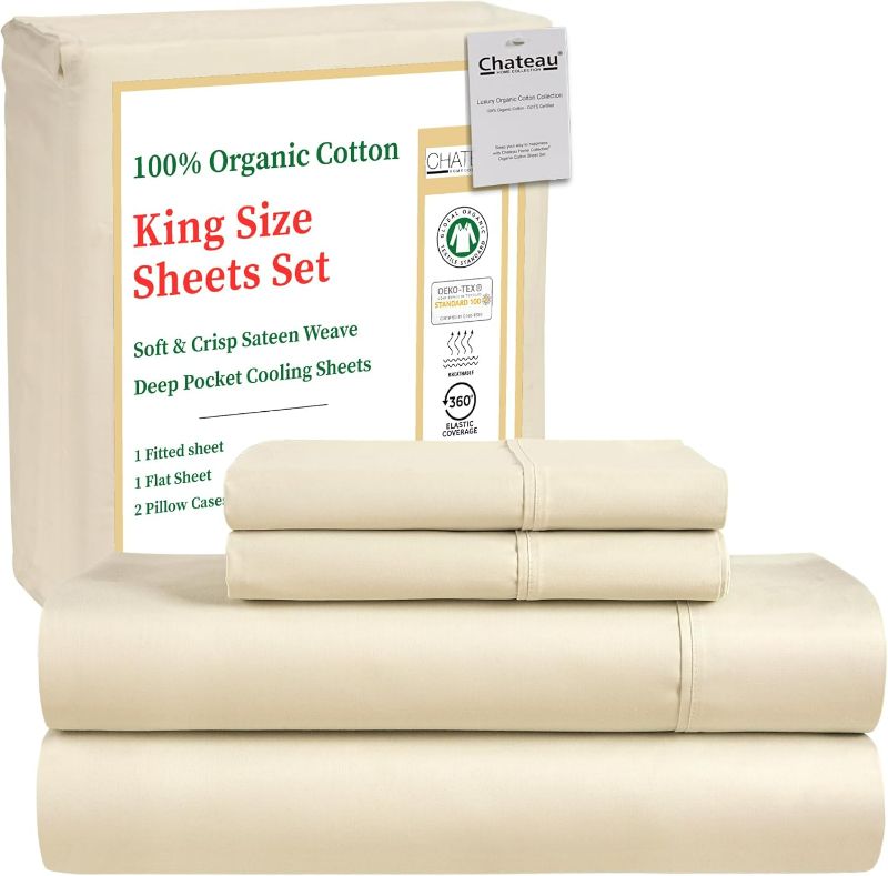 Photo 1 of 100% Organic Cotton King Size Sheets Set - Luxury Sateen Weave 300 TC 4 Piece Deep Pocket King Sheets Fits Upto 17", GOTS Certified Naturally Cool Soft Breathable & Comfy Sheet & Pillowcase Sets,- Tan