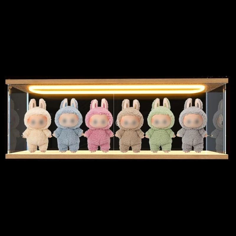 Photo 1 of Clear Acrylic Display Case for LABUBU Doll Figures with LED Light, Wooden Display Box for POPMART The Monsters for Crybaby for SKULLPANDA Collectibles for Funko Pop with Door, 23.6x3.9x7.9in