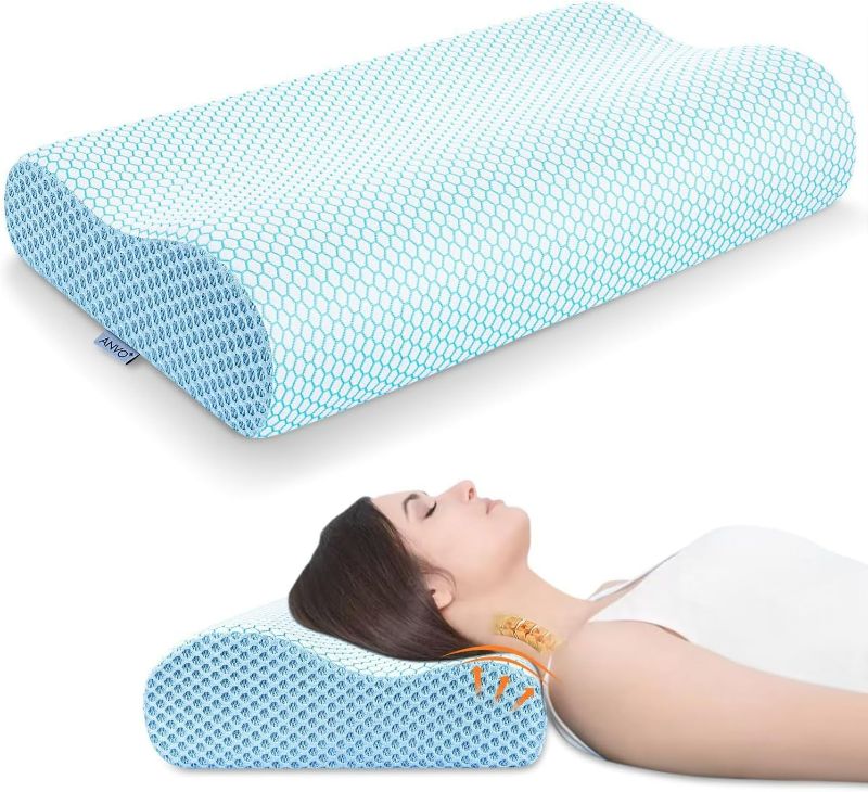 Photo 1 of Anvo Memory Foam Pillow, Neck Contour Cervical Orthopedic Bed Pillow for Sleeping Side Back Stomach Sleeper, Ergonomic Design for Neck and Shoulder Pain Relief, Blue White, Soft