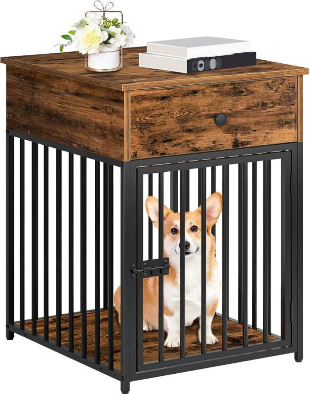 Photo 1 of HOOBRO Dog Crate Furniture, Wooden Dog House, Decorative Dog Kennel with Drawer, Indoor Pet Crate End Table for Small Dog, Steel-Tube Puppy Cage, Chew-Proof, Rustic Brown and Black BF01GW03