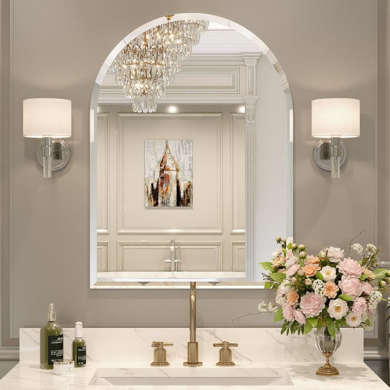 Photo 1 of Frameless Bathroom Mirror, 22" x 30" Arched Vanity Mirror for Wall Beveled, Arch Wall Mounted Mirror for Hallway, Entryways, Over Sink