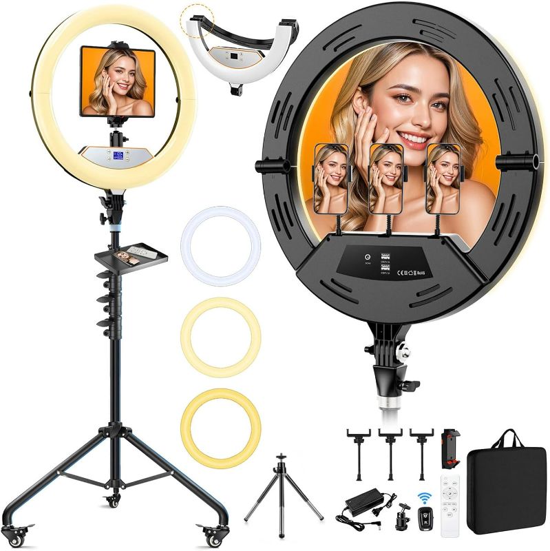 Photo 1 of 22" Large Ring Light with Stand, Upgraded Foldable LED Big Ringlight with 75" Tripod & Mini Tripod Wheel Tray for Live Tattoo Makeup Video Recording Barber Photography