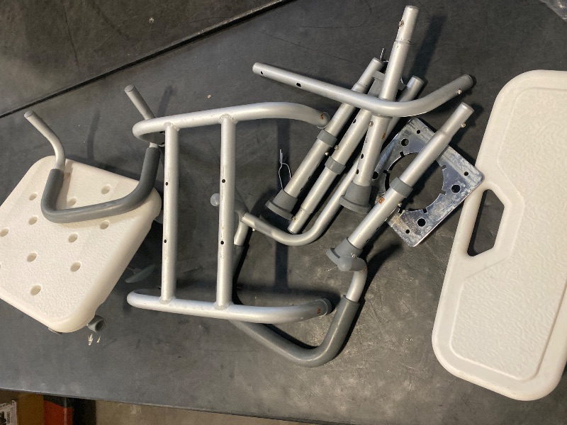 Photo 1 of Drive Medical 11148-1 Folding Steel Bedside Commode Chair, Portable Toilet, Supports Individuals Weighing Up To 350 Lbs, with 7.5 Qt. Bucket and 13.5 Inch Seat, Grey