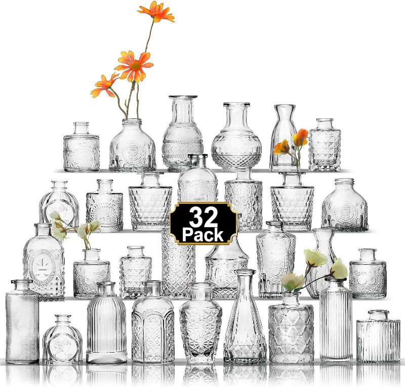Photo 1 of Aheroi 32 Pcs Bud Vase Set, Clear Vases for Centerpieces, Cute Glass Bud Vases Small Vases for Flowers, Mini Vase Flower Vase Set for Wedding Decorations, Room Office Table Decor