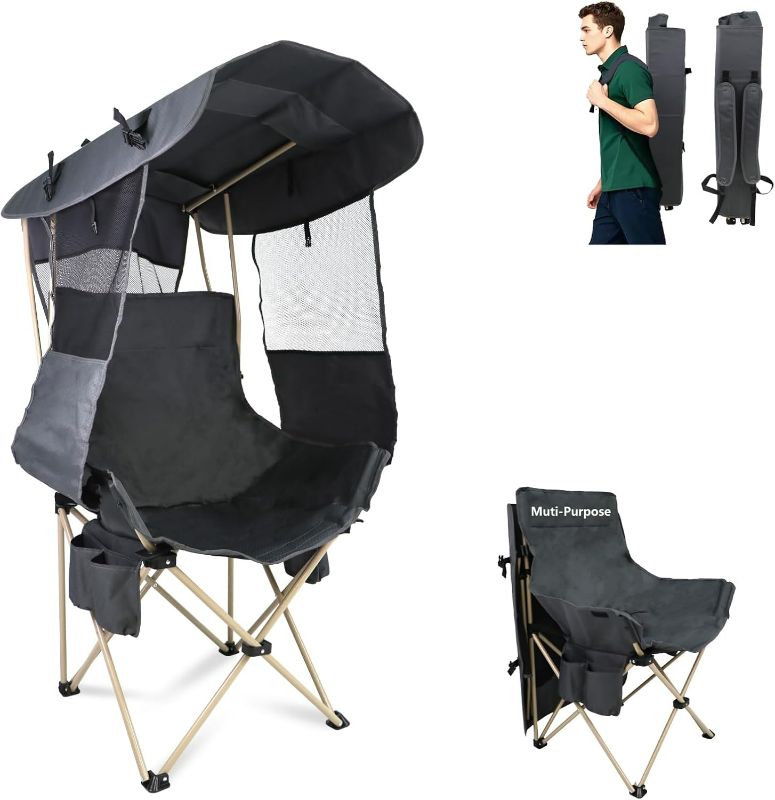 Photo 1 of Folding Camping Chairs Canopy Outdoor: Sports Portable Beach Chair with Canopy-Lawn Beach Chairs with Umbrella for Adults-Camping Chair with Shade for Fishing Camp Heavy Duty (Regular, Grey)