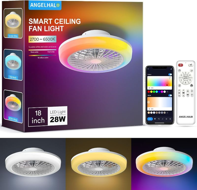 Photo 1 of ANGELHALO 18" Smart Ceiling Fan with Light, RGBWW Flush Mount Fandelier with Remote/App Control, Music Sync, Quiet 6-Speed Motor, Low Profile for Bedroom/Kids Room/Home Offices/Small Living Spaces