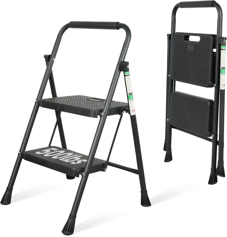 Photo 1 of 2 Step Ladder, Portable Steel Folding Step Stool with Wide Anti-Slip Pedal & Convenient Handgrip, 500lbs Sturdy Steel Ladder, Black