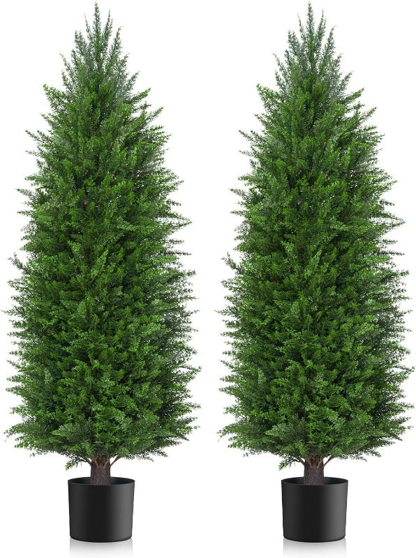 Photo 1 of 4FT Artificial Topiary Cedar Plants Outdoor, Faux Pine Trees UV Resistant and Potted, 48 Inch Tall Fake Shrubs Evergreen for Front Porch Decor Set of 2