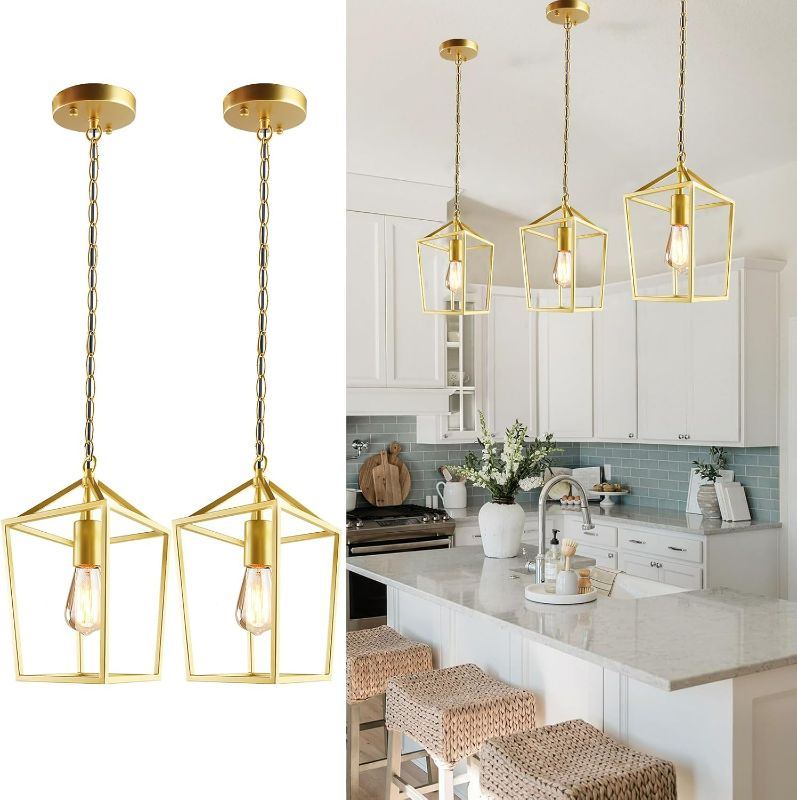 Photo 1 of 2-Pack Gold Pendant Lights Kitchen Island, Modern Mid Century Light Fixtures Hanging Lamp for Kitchen, Farmhouse Kitchen Pendant Lighting Over Island, Metal Cage Design