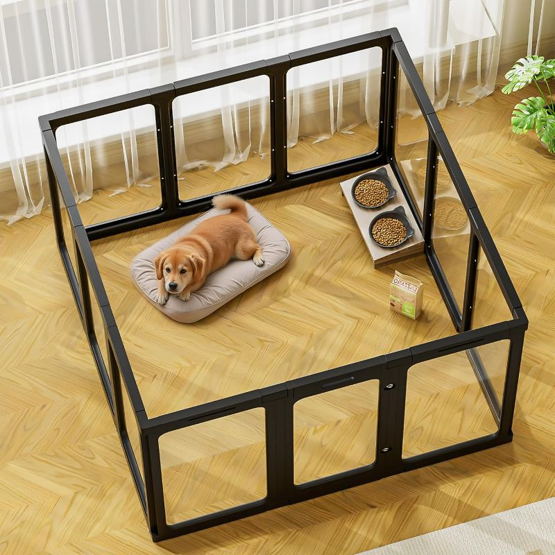 Photo 1 of Jalove 12PCS Dog Playpen Clear Puppy Playpen Indoor, 30" H Easy Assemble Transparent Small Pet Play Pen, Sturdy Plastic Dog Fence Crate Kennel Whelping Cage Enclosure for Small to Medium Dog, Black