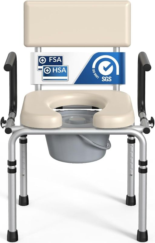 Photo 1 of Drop Arm Bedside Commode, Commode Toilet with Padded Seat and Backrest, 400lbs Capacity, 5.3QT Removable Bucket and Splash Guard, Adjustable Height Portable Toilet for Adults, Beige