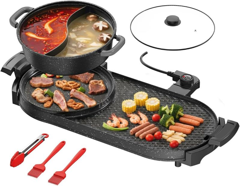 Photo 1 of AORAN Electric Grill and Hot Pot Combo for Indoor Cooking, 2200W Detachable Dual Zone BBQ Griddle with Removable Split Pan, Non-Stick Surface, 29x11 Inch Family Size, Includes Grill Tools & Oil Paper