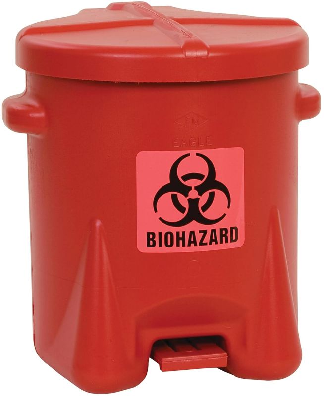 Photo 1 of Eagle 6 Gallon Biohazard Trash Can with Foot-Operated Self-Closing Lid, 16.5" x 13.5" x 16", Made in The USA from High-Density Polyethylene, Red, 943BIO