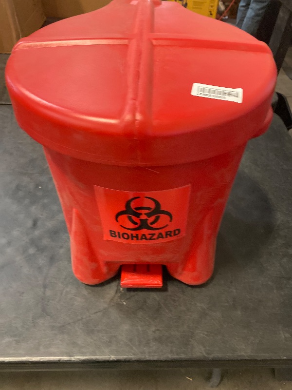 Photo 1 of Eagle 6 Gallon Biohazard Trash Can with Foot-Operated Self-Closing Lid, 16.5" x 13.5" x 16", Made in The USA from High-Density Polyethylene, Red, 943BIO
