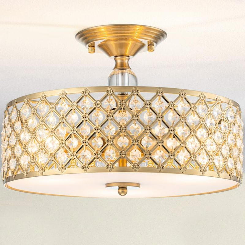 Photo 1 of 3-Light Gold Semi Flush Mount Ceiling Light Fixture,Modern Drum Crystal Metal Acrylic Round Close to Ceiling Light