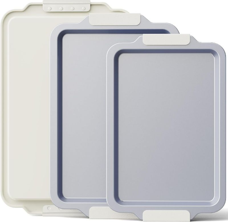 Photo 1 of BRONYPRO Non Stick Ceramic Baking Sheet Pan Set of 3, Natural Non Toxic Cookie Sheets for Baking - PFOA, PTFE Free, Heavy Duty Aluminized Steel Oven Trays for Cooking with Silicone Handles, Cream