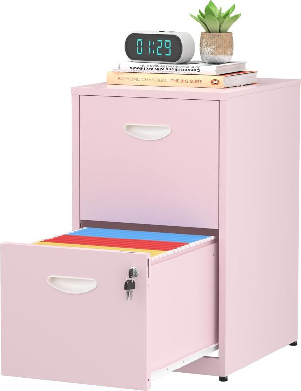 Photo 1 of 2 Drawer File Cabinet with Lock,Small Filing Cabinet for Home Office,Metal Vertical File Under Desk Cabinets for A4/Letter,Assembly Required,Pink