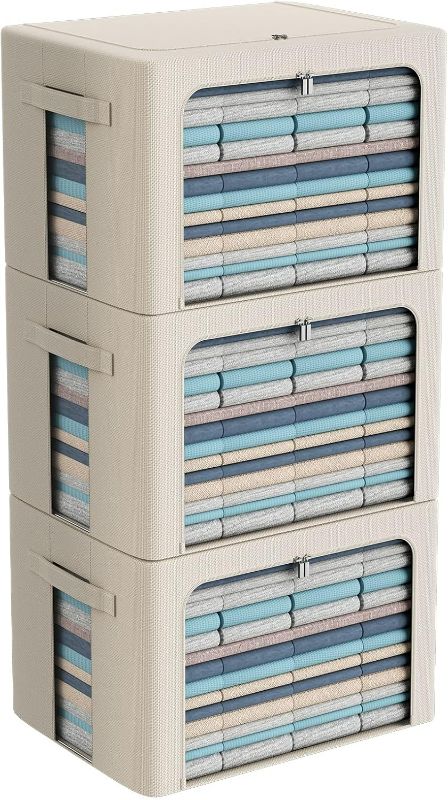 Photo 1 of 3Pack Frame Storage Box - Clothes Storage Bin Bags Oxford Fabric Foldable Stackable Container Organizer Set with Clear Window & Carry Handles Large Capacity (Beige, Extra Large-100L)