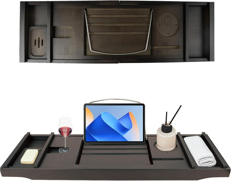 Photo 1 of Bathtub Tray Caddy,Bamboo Bathroom Accessories,Expandable Bath Tray,Can be Placed Book and Integrated Tablet Smartphone and Wine Holder,Relaxing Gifts for Women(Brown)