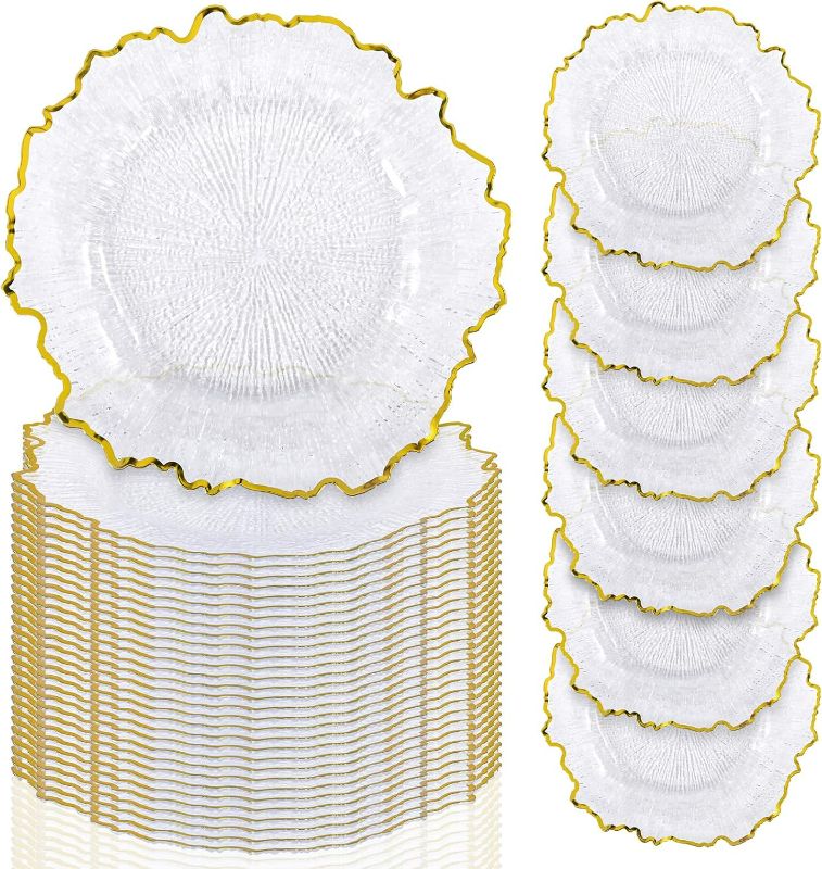 Photo 1 of 50 Pcs Clear Charger Plates Bulk, 13" Reef Acrylic Plate Chargers for Dinner, Plastic Floral Decorative Plates for Table Setting, Wedding, Party, Event, Decoration