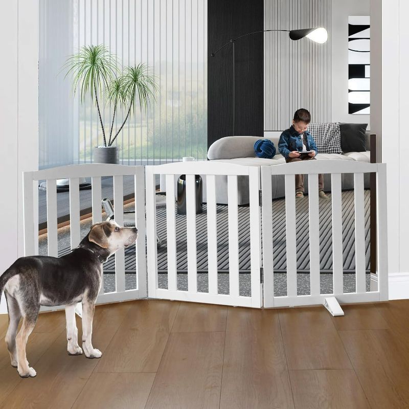Photo 1 of Freestanding Dog Gate Indoor,Doggie Gate Foldable Dog Gates for Doorways,Stairs or Hallways, Wooden White Pet Gate for The House, Pet Fence with Support Feet Included,24 "Height-3 Panels