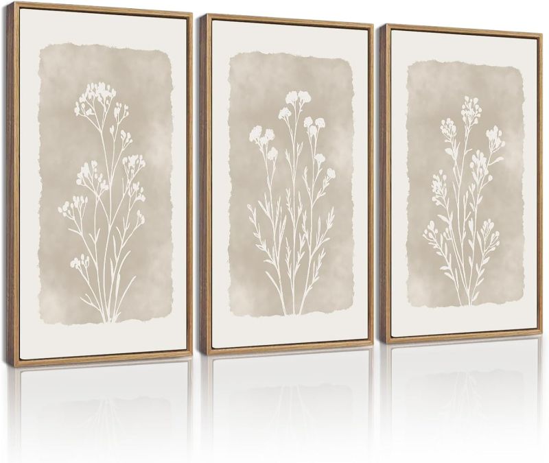 Photo 1 of KUVIOKE Boho Botanical Flower Framed Wall Art Farmhouse Vintage Floral Wall Painting Rustic Wildflower Neutral Prints Artwork Home Decor 16x24in (Natural Framed)